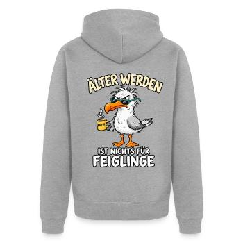 Älter Werden Feiglinge? Nicht! - Unisex Premium Bio Zip Hoodie - Grau meliert - Hinten - Nico (187cm)