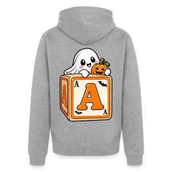Kürbisgeist auf Spielwürfeln - Unisex Premium Bio Zip Hoodie - Grau meliert - Hinten - Nico (187cm)