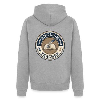 Vintage Englischlehrer-Hardcover-Buchdeckel mit Feder - Unisex Premium Bio Zip Hoodie - Grau meliert - Hinten - Nico (187cm)