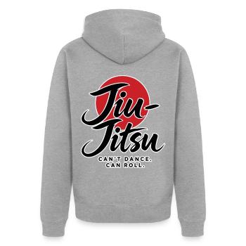 Jiu Jitsu – KANN NICHT TANZEN. KANN ROLLEN. - Unisex Premium Bio Zip Hoodie - Grau meliert - Hinten - Nico (187cm)