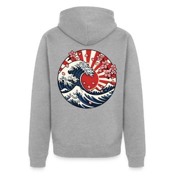 Große Welle Sonne Sakura Japan Kunst Vektor Shirt - Unisex Premium Bio Zip Hoodie - Grau meliert - Hinten - Nico (187cm)