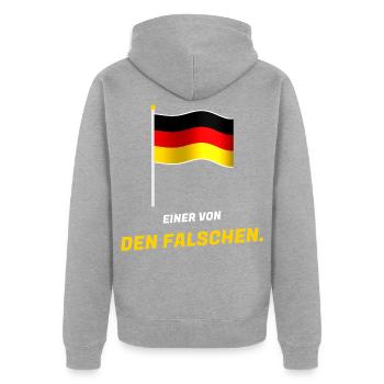 Einer von den Falschen - Fahne Schwarz Rot Gold - Unisex Premium Bio Zip Hoodie - Grau meliert - Hinten - Nico (187cm)