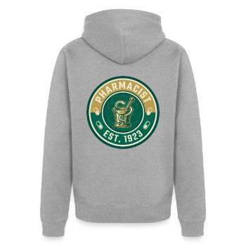 Vintage Apotheker-Mörser-Stößel Hygieia-Abzeichen - Unisex Premium Bio Zip Hoodie - Grau meliert - Hinten - Nico (187cm)