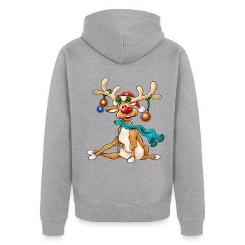 Rudolph Rentier mit Schal Weihnachtsdesign - Unisex Premium Bio Zip Hoodie - Grau meliert - Hinten - Nico (187cm)
