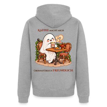Übernatürlich freundlich dank Kaffee - Unisex Premium Bio Zip Hoodie - Grau meliert - Hinten - Nico (187cm)