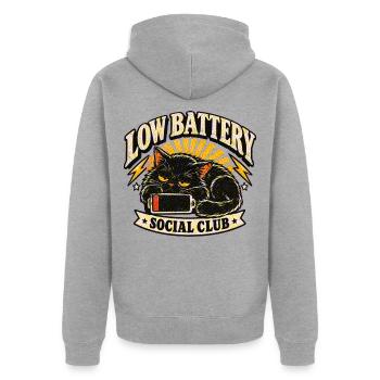 Low Battery Social Club - Unisex Premium Bio Zip Hoodie - Grau meliert - Hinten - Nico (187cm)