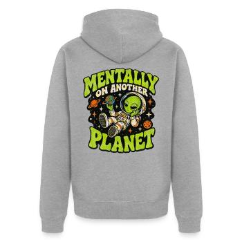 Mental auf einem anderen Planeten – Alien-Abenteuer - Unisex Premium Bio Zip Hoodie - Grau meliert - Hinten - Nico (187cm)
