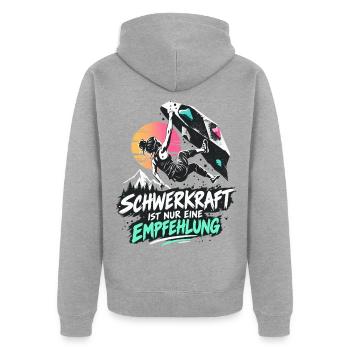 Bouldern Schwerkraft ist nur eine Empfehlung - Unisex Premium Bio Zip Hoodie - Grau meliert - Hinten - Nico (187cm)