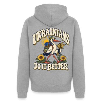 Ukrainischer Storch mit Heimatmotiv - Unisex Premium Bio Zip Hoodie - Grau meliert - Hinten - Nico (187cm)
