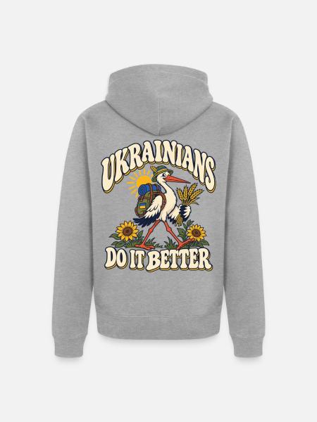 Ukrainischer Storch mit Heimatmotiv - Unisex Premium Bio Zip Hoodie - Grau meliert
