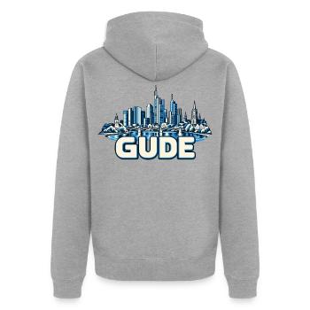Blauer Frankfurter Skyline Stadtgrafik GUDE - Unisex Premium Bio Zip Hoodie - Grau meliert - Hinten - Nico (187cm)