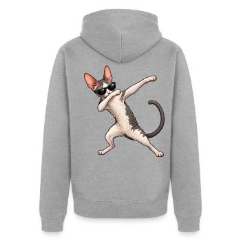 Dabbing Cornish Rex – Coole Lockenkatze - Unisex Premium Bio Zip Hoodie - Grau meliert - Hinten - Nico (187cm)