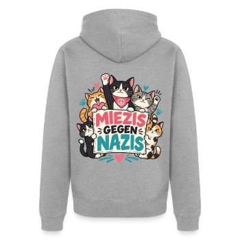 Miezis gegen Nazis – Katzenhalter gegen Rechts - Unisex Premium Bio Zip Hoodie - Grau meliert - Hinten - Nico (187cm)