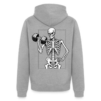 Skelett beim Hanteltraining - Unisex Premium Bio Zip Hoodie - Grau meliert - Hinten - Nico (187cm)