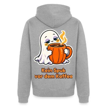 Kein Spuk vor dem Kaffee – Geist mit Tasse - Unisex Premium Bio Zip Hoodie - Grau meliert - Hinten - Nico (187cm)