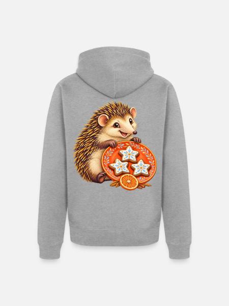 Fröhlicher Tenrek mit Orangenstern-Backteller - Unisex Premium Bio Zip Hoodie - Grau meliert