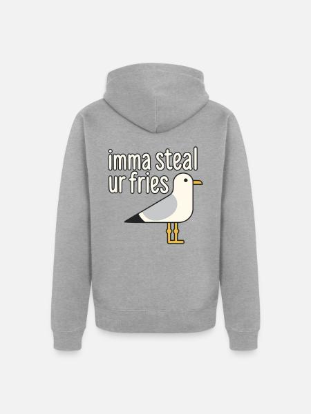 Möwe auf Pommesmission - Unisex Premium Bio Zip Hoodie - Grau meliert