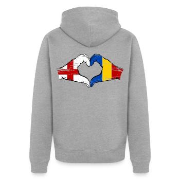 England Rumänien Flagge Hände Herzform used - Unisex Premium Bio Zip Hoodie - Grau meliert - Hinten - Nico (187cm)