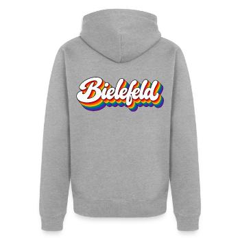 Bielefeld - Regenbogen Schrift - Deutschalnd - Unisex Premium Bio Zip Hoodie - Grau meliert - Hinten - Nico (187cm)