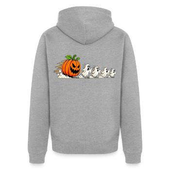 HALLOWEEN KÜRBIS GEIST - Unisex Premium Bio Zip Hoodie - Grau meliert - Hinten - Nico (187cm)