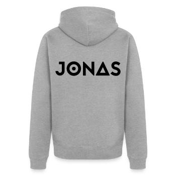 Prénom Jonas - Veste à capuche bio Premium Unisexe - gris chiné - Dos - Nico (187cm)