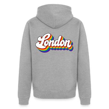 London - Regenbogen Schrift - GB - Great Britain - Unisex Premium Bio Zip Hoodie - Grau meliert - Hinten - Nico (187cm)