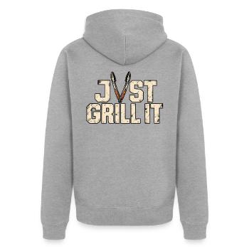Just Grill It – Lustiges Grillmeister BBQ Motiv - Unisex Premium Bio Zip Hoodie - Grau meliert - Hinten - Nico (187cm)