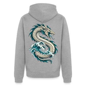 Jörmungandr – Midgardschlange in Meereswellen - Unisex Premium Bio Zip Hoodie - Grau meliert - Hinten - Nico (187cm)