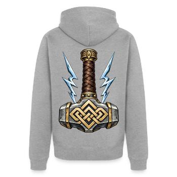 Mjölnir – Thors Hammer mit blauen Blitzen - Unisex Premium Bio Zip Hoodie - Grau meliert - Hinten - Nico (187cm)