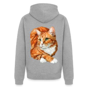 Orangefarbene Katze ruht sich aus - Unisex Premium Bio Zip Hoodie - Grau meliert - Hinten - Nico (187cm)