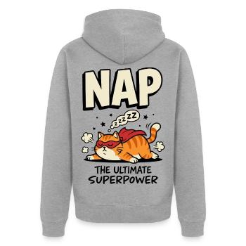 Schlafende Superhelden-Katze – Nap Superpower - Unisex Premium Bio Zip Hoodie - Grau meliert - Hinten - Nico (187cm)