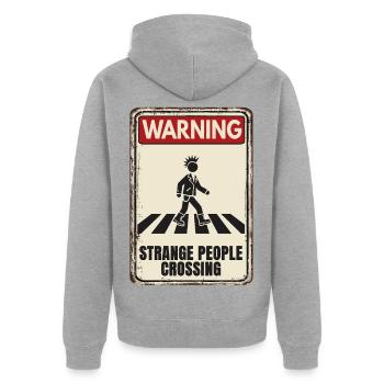WARNING - Strange People Crossing - Punker - Unisex Premium Bio Zip Hoodie - Grau meliert - Hinten - Nico (187cm)