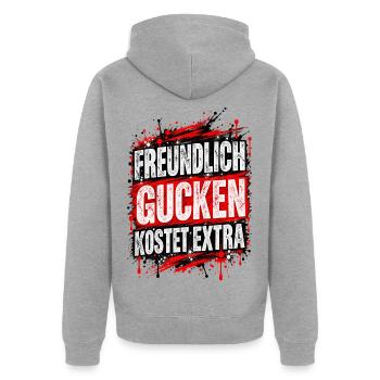 Freundlich gucken kostet extra – Fun Shirt - Unisex Premium Bio Zip Hoodie - Grau meliert - Hinten - Nico (187cm)