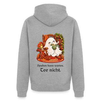 Teeliebhaber-Geist im Schaukelstuhl - Unisex Premium Bio Zip Hoodie - Grau meliert - Hinten - Nico (187cm)