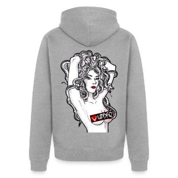 Medusa-Noir-Reihe - Unisex Premium Bio Zip Hoodie - Grau meliert - Hinten - Nico (187cm)