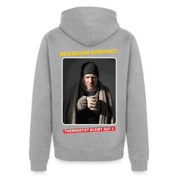 Heizsaison eröffnet - Thermostat bleibt auf 1 - Unisex Premium Bio Zip Hoodie - Grau meliert - Hinten - Nico (187cm)