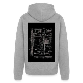 Expressionist_Crucifixion_Woodcut_Art - Unisex Premium Bio Zip Hoodie - Grau meliert - Hinten - Nico (187cm)