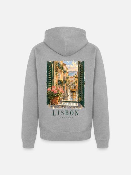 Lissabon Romantisches Fenster Portugal - Unisex Premium Bio Zip Hoodie - Grau meliert