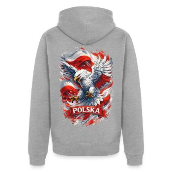 Dynamischer polnischer Adler – Stolz & Ehre - Unisex Premium Bio Zip Hoodie - Grau meliert - Hinten - Nico (187cm)