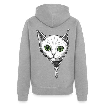 Kätzchen, das hinter einem offenen Sweatshirt hervorschaut - Unisex Premium Bio Zip Hoodie - Grau meliert - Hinten - Nico (187cm)