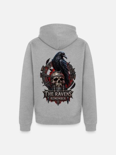 The Ravens Remember – Wikinger Raben Design - Unisex Premium Bio Zip Hoodie - Grau meliert