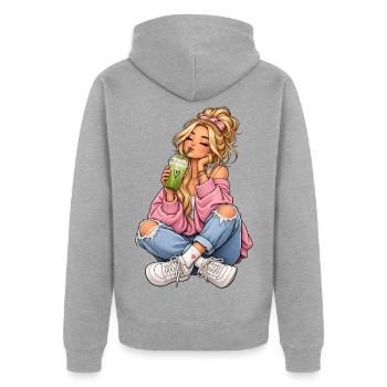 Mädchen mit Matcha Latte - Unisex Premium Bio Zip Hoodie - Grau meliert - Hinten - Nico (187cm)