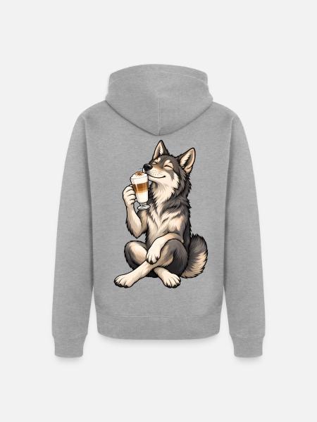 Wolfshund mit Latte Macchiato - Unisex Premium Bio Zip Hoodie - Grau meliert
