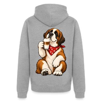 Bernhardiner mit Latte Macchiato - Unisex Premium Bio Zip Hoodie - Grau meliert - Hinten - Nico (187cm)