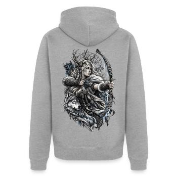 Wikinger Bogenschützin mit Wolf – Noventra - Unisex Premium Bio Zip Hoodie - Grau meliert - Hinten - Nico (187cm)