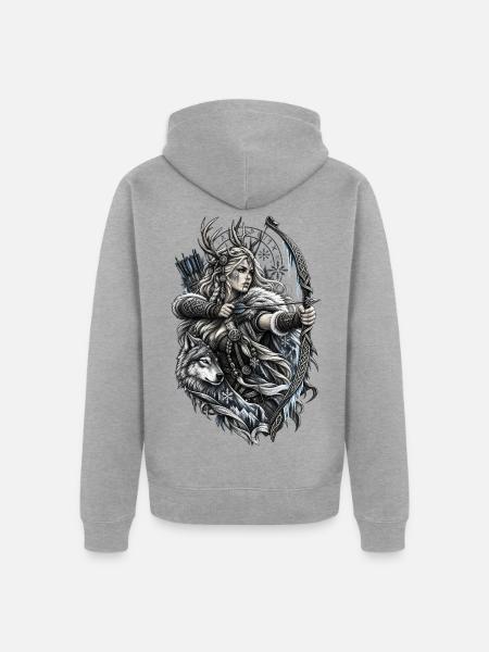Wikinger Bogenschützin mit Wolf – Noventra - Unisex Premium Bio Zip Hoodie - Grau meliert