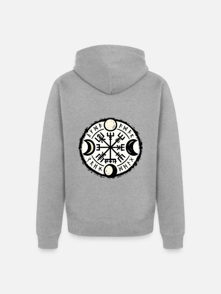Mondrunen Kompass mit Mondphasen - Unisex Premium Bio Zip Hoodie - Grau meliert