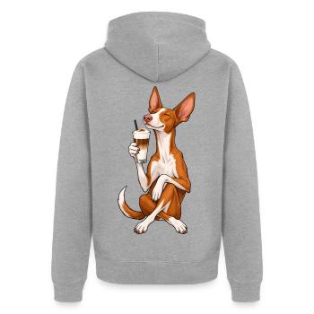 Podenco Ibicenco mit Latte Macchiato - Unisex Premium Bio Zip Hoodie - Grau meliert - Hinten - Nico (187cm)