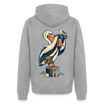 Pelikan mit Fernglas – Maritimes Küstenmotiv - Unisex Premium Bio Zip Hoodie - Grau meliert - Hinten - Nico (187cm)