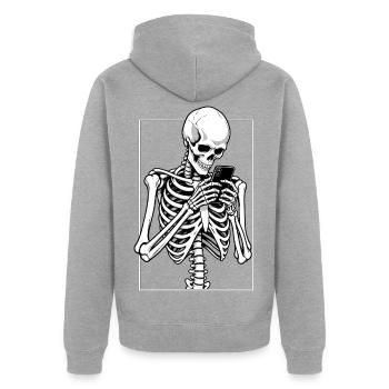 Skelett beim Doomscrolling - Unisex Premium Bio Zip Hoodie - Grau meliert - Hinten - Nico (187cm)
